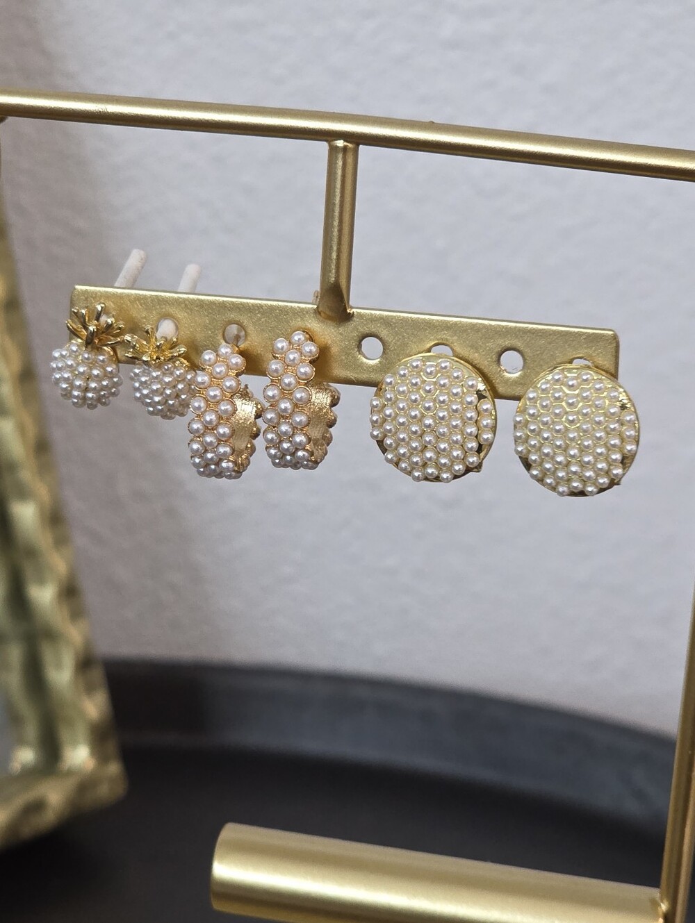 Vintage Style Pearl Earring Set – 3 Pairs (Pineapple, Huggie Hoops, Domed Button